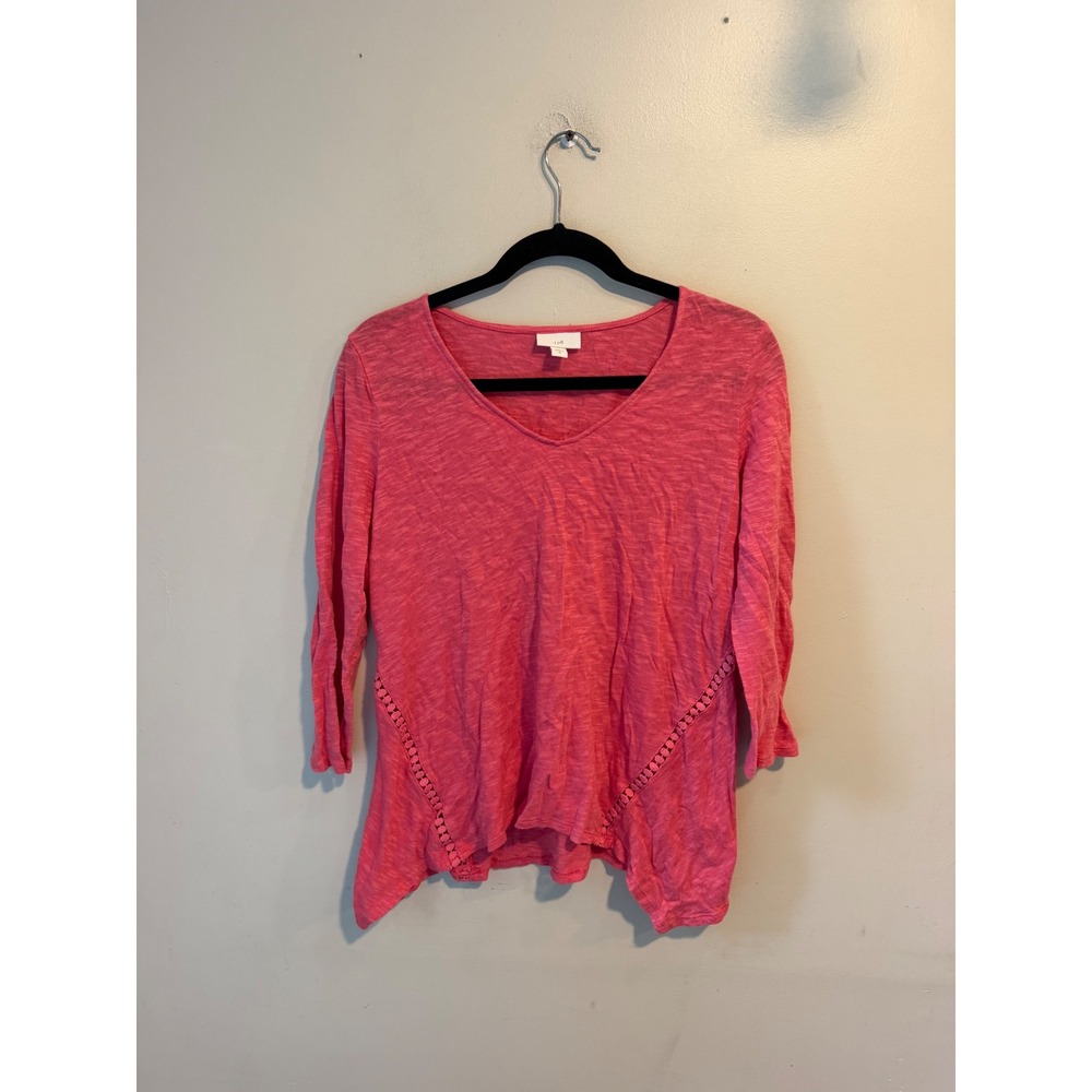 J. Jill Pink Linen Blend V-Neck 3/4 Sleeve Crochet Trim Asymmetric Top Medium